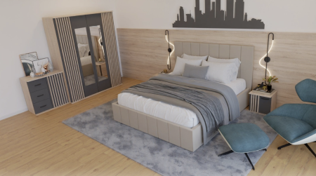 Dormitor Dallas Cu Pat Nobless Tapitat Bej MOBILIER COMPLET DORMITOR - Dormitor Dallas Cu Pat Nobless Tapitat Bej