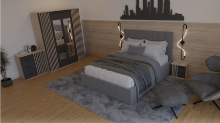 Dormitor Dallas Cu Pat Nobless Tapitat Gri MOBILIER COMPLET DORMITOR - Dormitor Dallas Cu Pat Nobless Tapitat Gri