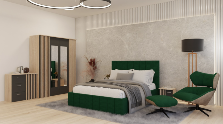 Dormitor Dallas Cu Pat Nobless Tapitat Verde MOBILIER COMPLET DORMITOR - Dormitor Dallas Cu Pat Nobless Tapitat Verde