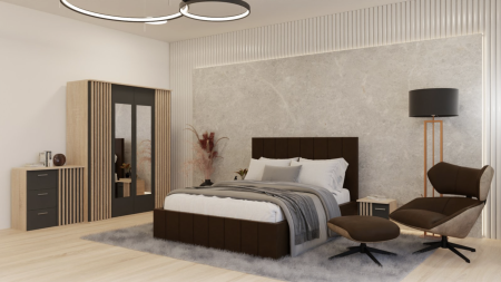 Dormitor Dallas Cu Pat Nobless Tapițat Maro MOBILIER COMPLET DORMITOR - Dormitor Dallas Cu Pat Nobless Tapițat Maro