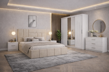 Dormitor Zenith cu Pat Tapițat, Dressing Kenzo 250x200, Noptiere și Comodă