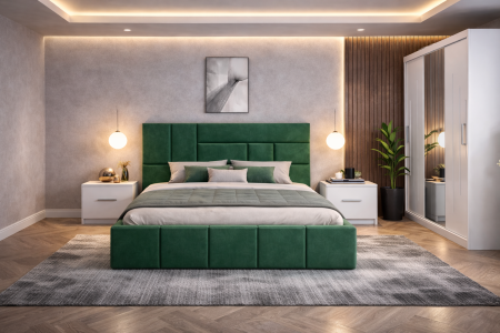 Dormitor Zenith cu Pat Tapițat, Dressing Kenzo 250x200, Noptiere și Comodă [1]