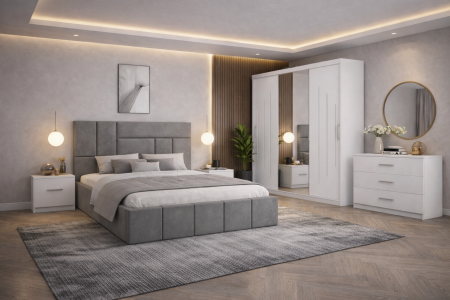 MOBILIER COMPLET DORMITOR - Dormitor Zenith cu Pat Tapițat, Dressing Kenzo 250x200, Noptiere și Comodă