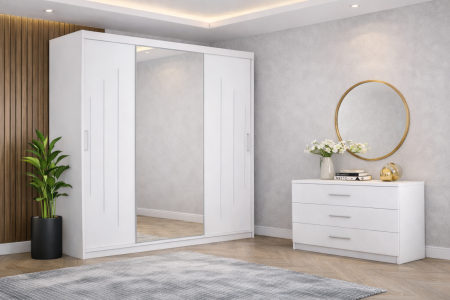 Dormitor Zenith cu Pat Tapițat, Dressing Kenzo 250x200, Noptiere și Comodă [2]