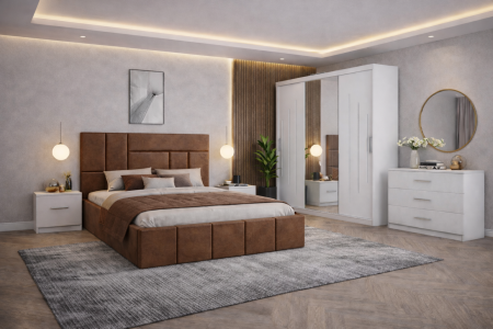 Dormitor Zenith cu Pat Tapițat, Dressing Kenzo 250x200, Noptiere și Comodă