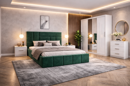 Dormitor Zenith cu Pat Tapițat, Dressing Kenzo 250x200, Noptiere și Comodă