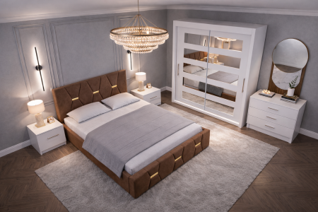 Dormitor Elexus cu Pat Tapițat, Dressing Alb Apollo, Comodă și Noptiere [1]