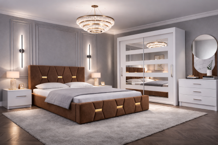 MOBILIER COMPLET DORMITOR - Dormitor Elexus cu Pat Tapițat, Dressing Alb Apollo, Comodă și Noptiere