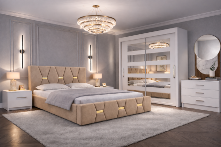 Dormitor Elexus cu Pat Tapițat, Dressing Alb Apollo, Comodă și Noptiere