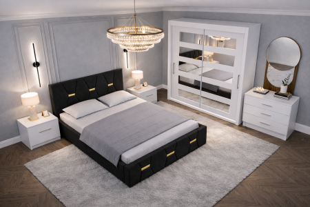 Dormitor Elexus cu Pat Tapițat, Dressing Alb Apollo, Comodă și Noptiere [1]