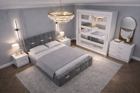 Dormitor Elexus cu Pat Tapițat, Dressing Alb Apollo, Comodă și Noptiere [2]