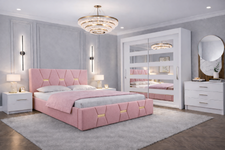 Dormitor Elexus cu Pat Tapițat, Dressing Alb Apollo, Comodă și Noptiere