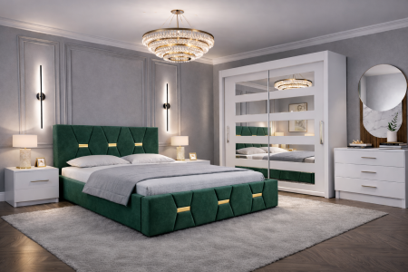 Dormitor Elexus cu Pat Tapițat, Dressing Alb Apollo, Comodă și Noptiere