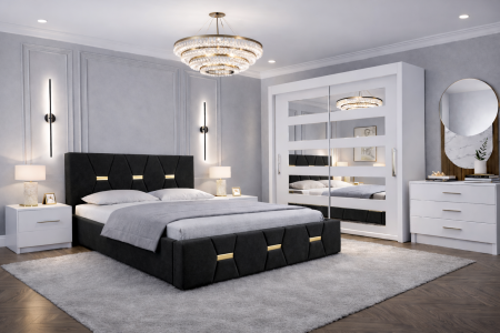 Dormitor Elexus cu Pat Tapițat, Dressing Alb Apollo, Comodă și Noptiere