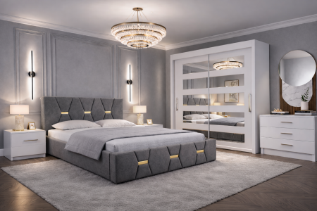 Dormitor Elexus cu Pat Tapițat, Dressing Alb Apollo, Comodă și Noptiere