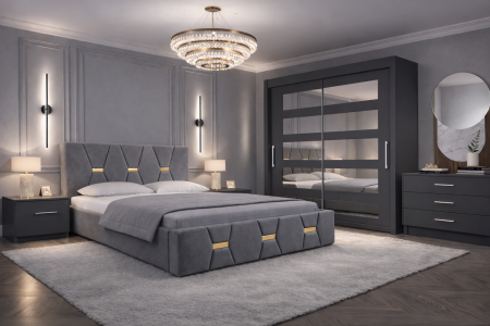 Dormitor Elexus cu Pat Tapițat, Dressing Alb Apollo, Comodă și Noptiere