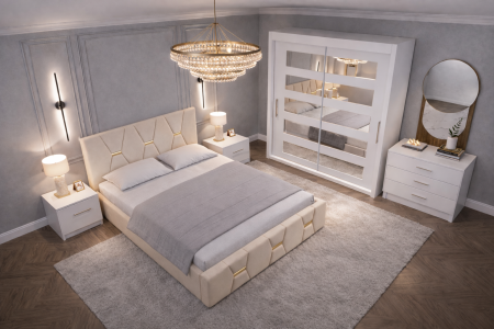 Dormitor Elexus cu Pat Tapițat, Dressing Alb Apollo, Comodă și Noptiere [1]