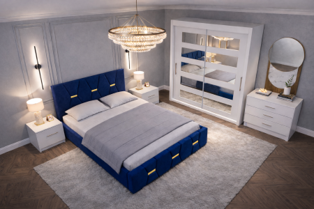 Dormitor Elexus cu Pat Tapițat, Dressing Alb Apollo, Comodă și Noptiere [1]