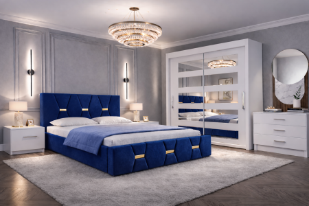 Dormitor Elexus cu Pat Tapițat, Dressing Alb Apollo, Comodă și Noptiere