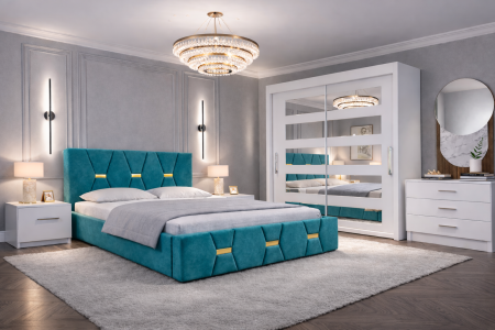 Dormitor Elexus cu Pat Tapițat, Dressing Alb Apollo, Comodă și Noptiere