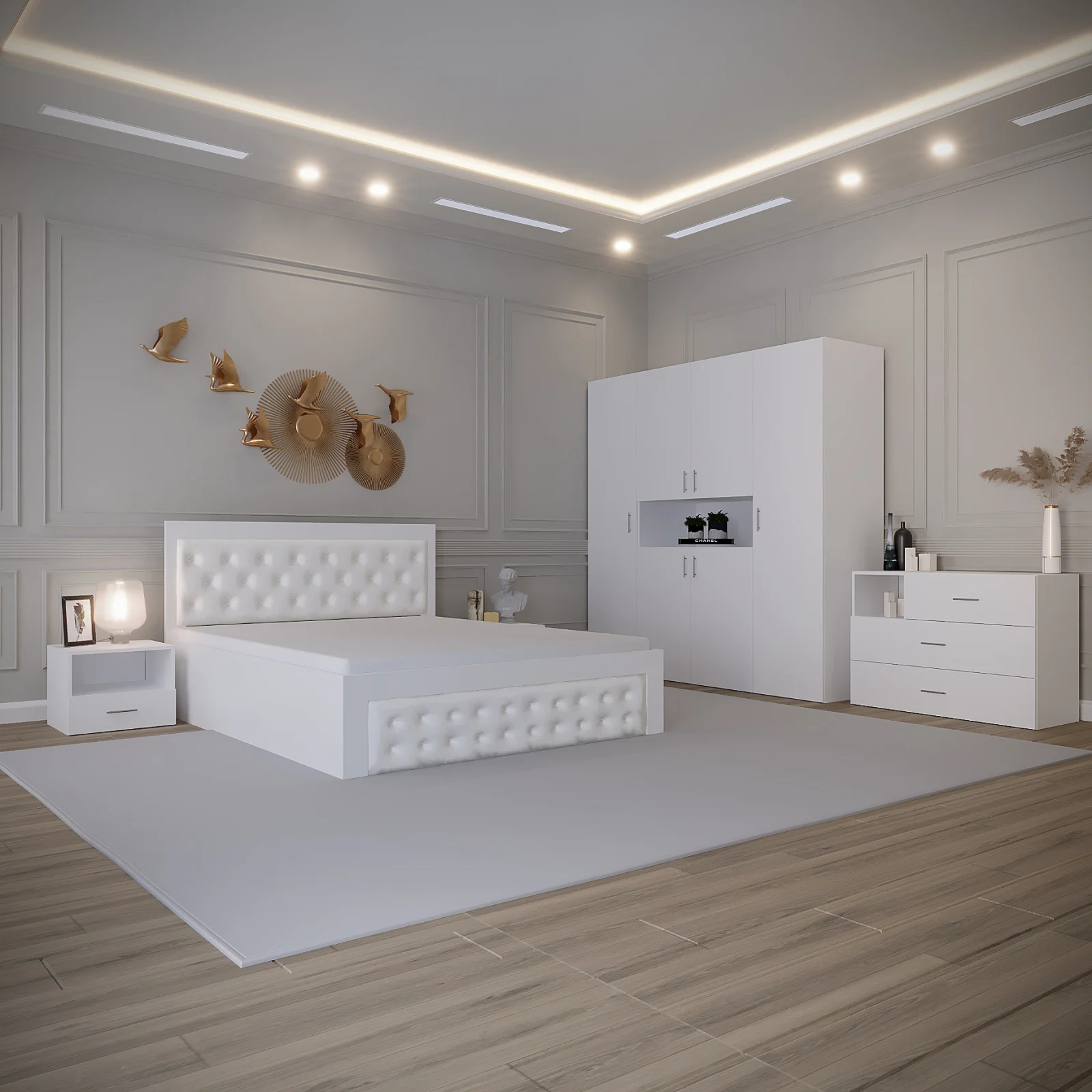 MOBILIER COMPLET DORMITOR - Dormitor Imperia Tapitat Alb 4 Usi Dressing V1
