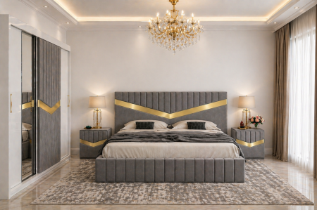 Dormitor Lotus Cu Dressing Alb 250x200, Pat Tapițat și Noptiere Tapițate [1]