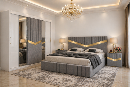 Dormitor Lotus Cu Dressing Alb 250x200, Pat Tapițat și Noptiere Tapițate