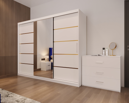 Dormitor LUX cu Pat Tapițat cu dulap 250x200 uși glisante Alb cu Oglinda, noptiere și comodă [3]