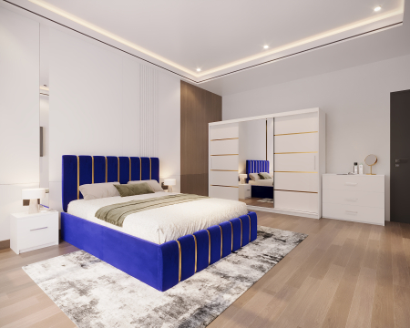 Dormitor LUX cu Pat Tapițat cu dulap 250x200 uși glisante Alb cu Oglinda, noptiere și comodă