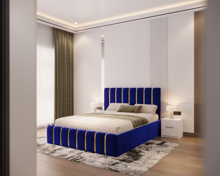 Dormitor LUX cu Pat Tapițat cu dulap 250x200 uși glisante Alb cu Oglinda, noptiere și comodă [1]