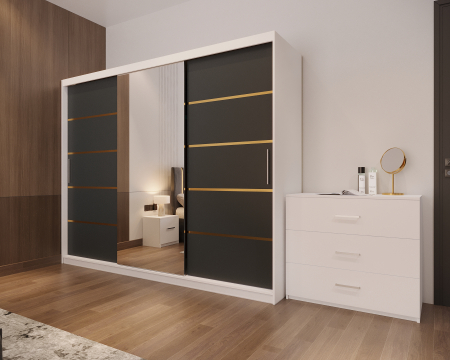 Dormitor LUX cu Pat Tapițat cu dulap 250x200 uși glisante Antracit cu Oglinda, noptiere și comodă [3]