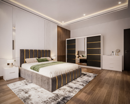 Dormitor LUX cu Pat Tapițat cu dulap 250x200 uși glisante Antracit cu Oglinda, noptiere și comodă