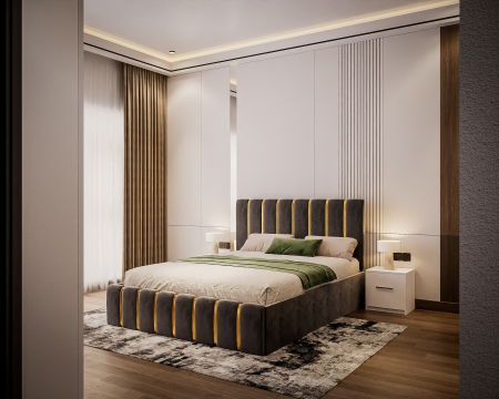 Dormitor LUX cu Pat Tapițat cu dulap 250x200 uși glisante Antracit cu Oglinda, noptiere și comodă [1]