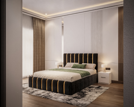 Dormitor LUX cu Pat Tapițat cu dulap 250x200 uși glisante Antracit cu Oglinda, noptiere și comodă [1]