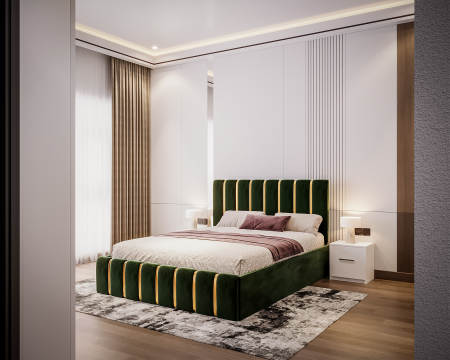 Dormitor LUX cu Pat Tapițat cu dulap 250x200 uși glisante Antracit cu Oglinda, noptiere și comodă [1]