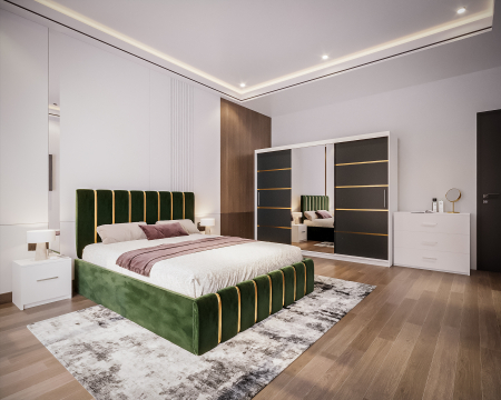 Dormitor LUX cu Pat Tapițat cu dulap 250x200 uși glisante Antracit cu Oglinda, noptiere și comodă