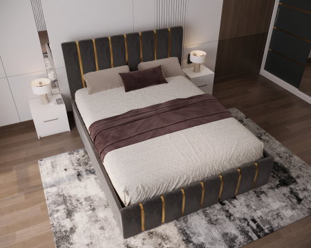 Dormitor LUX cu Pat Tapițat cu dulap 250x200 uși glisante Antracit cu Oglinda, noptiere și comodă [2]