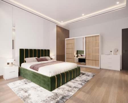 Dormitor LUX cu Pat Tapițat cu dulap 250x200 uși glisante Sonoma cu Oglinda, noptiere și comodă