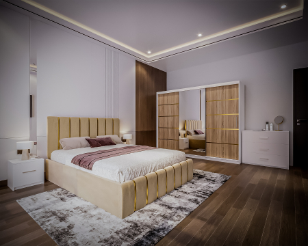 MOBILIER COMPLET DORMITOR - Dormitor LUX cu Pat Tapițat cu dulap 250x200 uși glisante Sonoma cu Oglinda, noptiere și comodă
