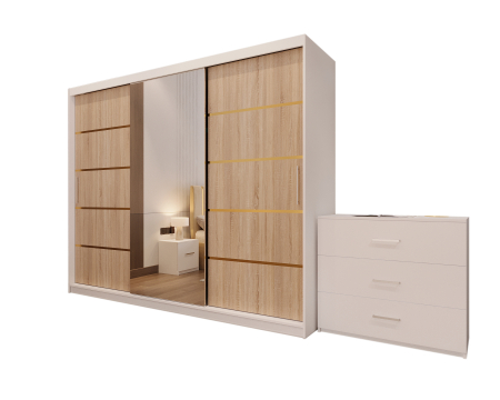 Dormitor LUX cu Pat Tapițat cu dulap 250x200 uși glisante Sonoma cu Oglinda, noptiere și comodă [6]