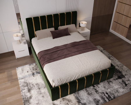 Dormitor LUX cu Pat Tapițat cu dulap 250x200 uși glisante Sonoma cu Oglinda, noptiere și comodă [4]