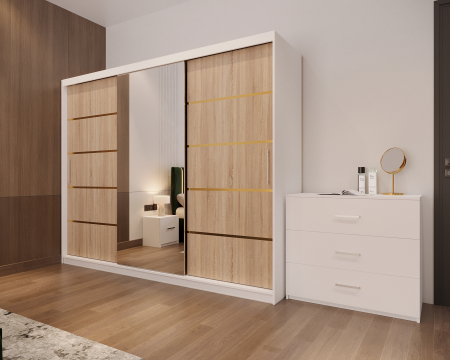 Dormitor LUX cu Pat Tapițat cu dulap 250x200 uși glisante Sonoma cu Oglinda, noptiere și comodă [2]