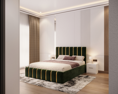 Dormitor LUX cu Pat Tapițat cu dulap 250x200 uși glisante Sonoma cu Oglinda, noptiere și comodă [1]