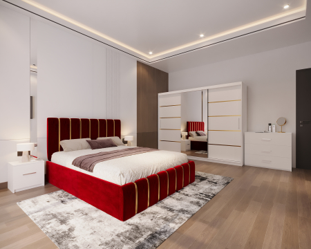 Dormitor LUX cu Pat Tapițat cu dulap 250x200 uși glisante Alb cu Oglinda, noptiere și comodă