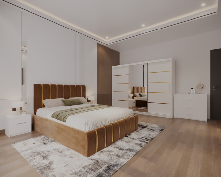 Dormitor LUX cu Pat Tapițat cu dulap 250x200 uși glisante Alb cu Oglinda, noptiere și comodă