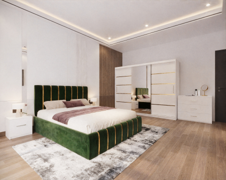 Dormitor LUX cu Pat Tapițat cu dulap 250x200 uși glisante Alb cu Oglinda, noptiere și comodă