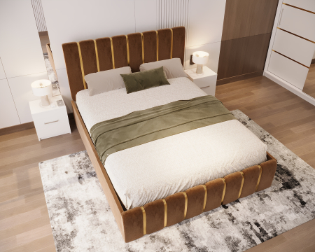 Dormitor LUX cu Pat Tapițat cu dulap 250x200 uși glisante Alb cu Oglinda, noptiere și comodă [2]