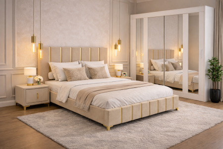 MOBILIER COMPLET DORMITOR - Dormitor Lux New cu Dressing Mirage 200x200 și Noptiere Tapițate