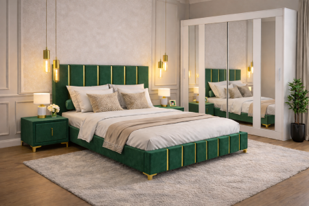 Dormitor Lux New cu Dressing Mirage 200x200 și Noptiere Tapițate