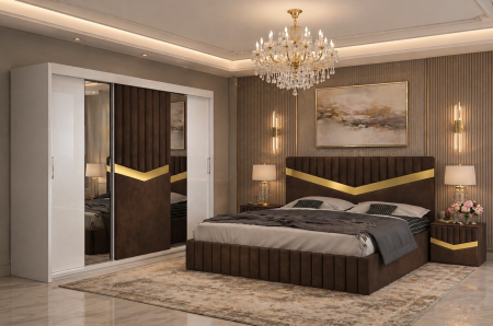 MOBILIER COMPLET DORMITOR - Dormitor Lotus Cu Dressing Alb 250x200, Pat Tapițat și Noptiere Tapițate
